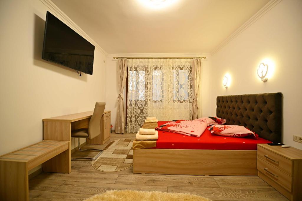 a bedroom with a bed and a desk and a television at Apartament Trandafirilor in Haţeg