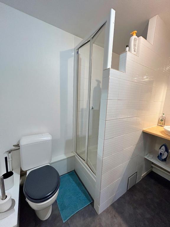 a bathroom with a toilet and a glass shower at L&#39;appartement du Centre in Chalons en Champagne