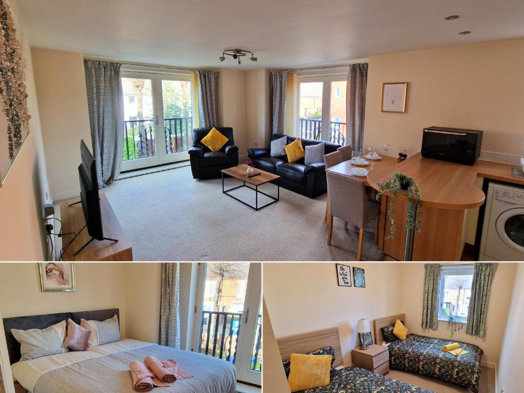 Duas fotografias de uma sala de estar e de um quarto em Luxury Spacious Apartment- Sleeps 4 Loughborough em Loughborough