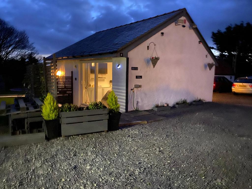 a small white building with plants in front of it at Katy’s Cwtch in Cardigan