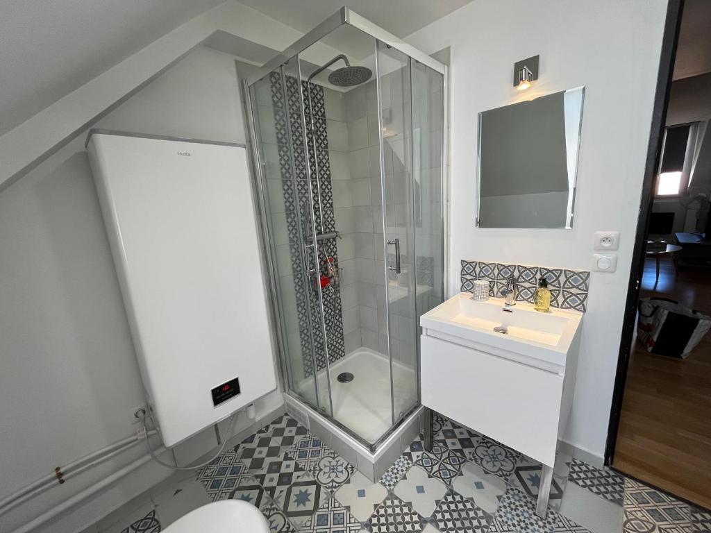 a bathroom with a shower and a sink at Le Briais in Melun