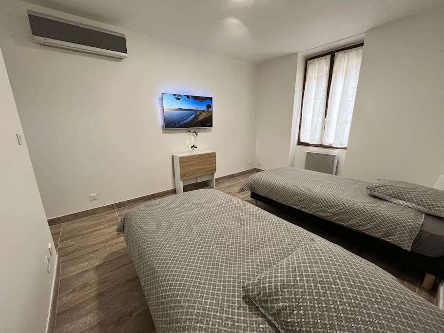 a bedroom with two beds and a tv on the wall at Superbe appartement à 15min de Lyon in Saint-Fons