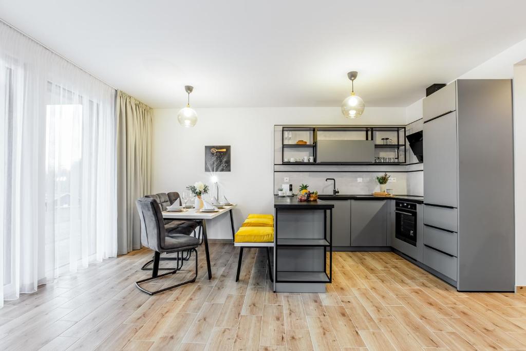 a kitchen with a desk and a table with chairs at Apartmány Karlovy Dvory in Horní Planá