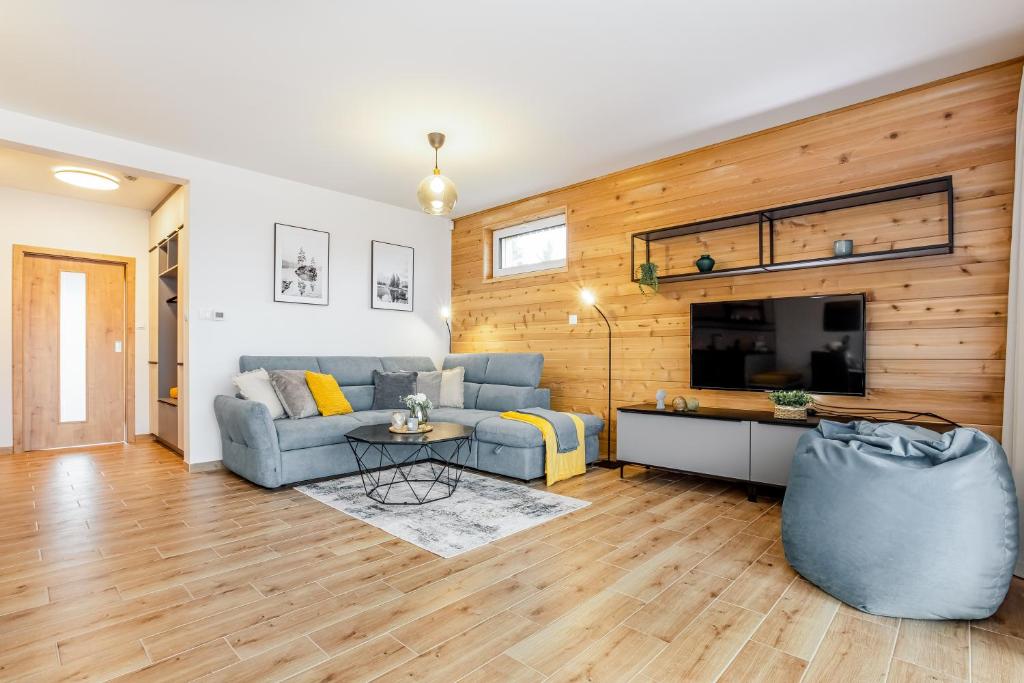 a living room with a couch and a tv at Apartmány Karlovy Dvory in Horní Planá