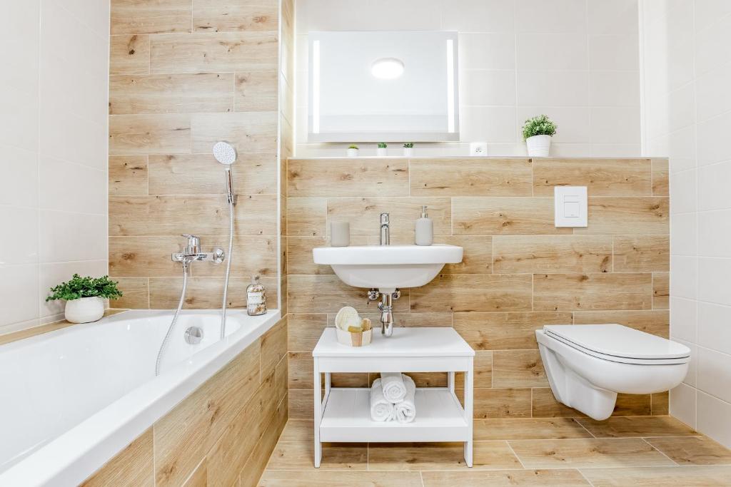 a bathroom with a sink and a tub and a toilet at Apartmány Karlovy Dvory in Horní Planá