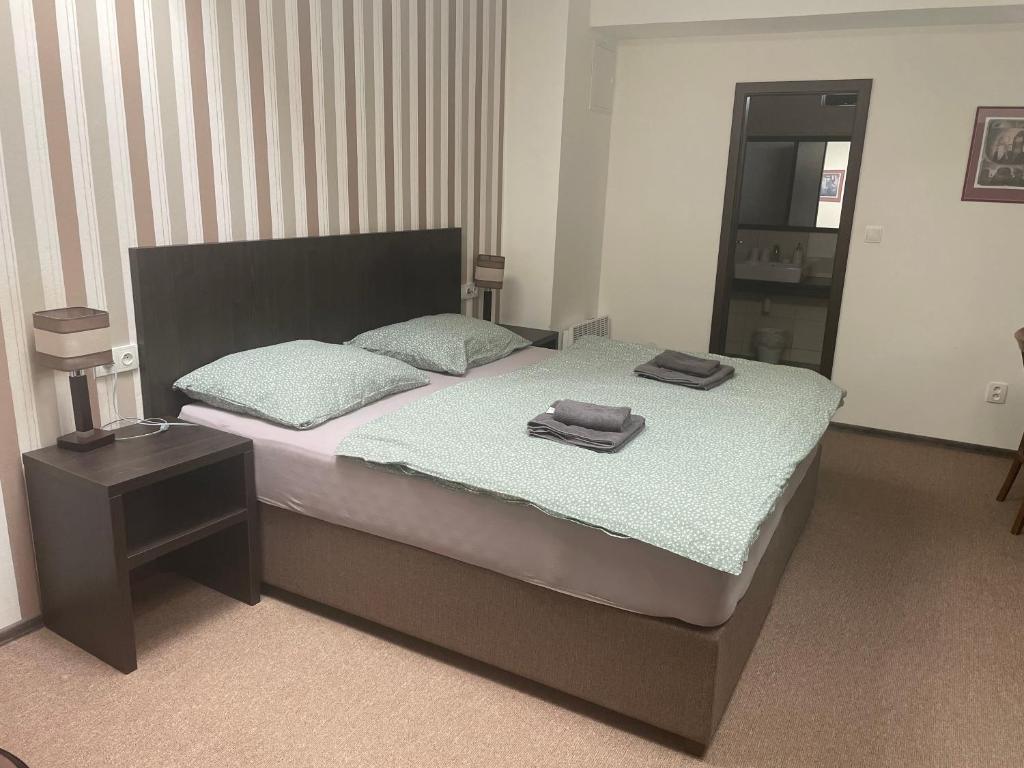 1 dormitorio con 1 cama con 2 toallas en Apartmán Ateliér, en Kadaň