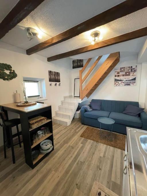 un salon avec un canapé bleu et une table dans l'établissement Charmant studio rénové et équipé, à Hettange-Grande