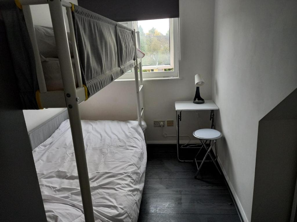 a small bedroom with a bunk bed and a window at Byron View House in Luton