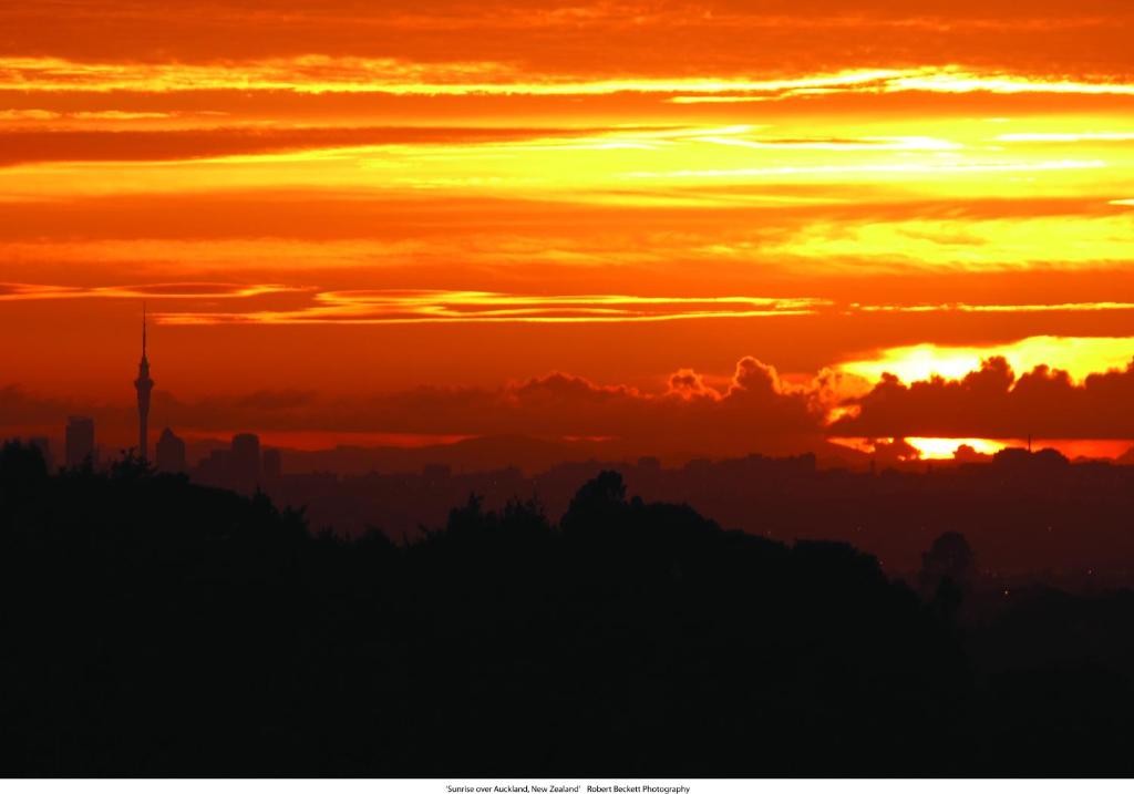 a sunset with the city in the background at Maison de Rose in Auckland