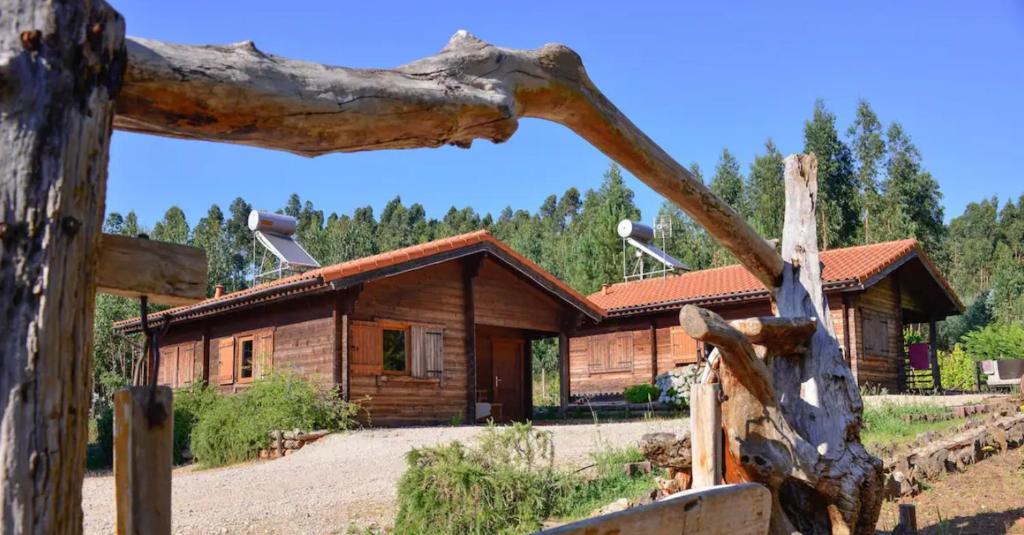 una cabaña de madera en el bosque con un árbol en Studio with shared pool enclosed garden and wifi at Figueiro dos Vinhos 6 km away from the beach en Figueiró dos Vinhos