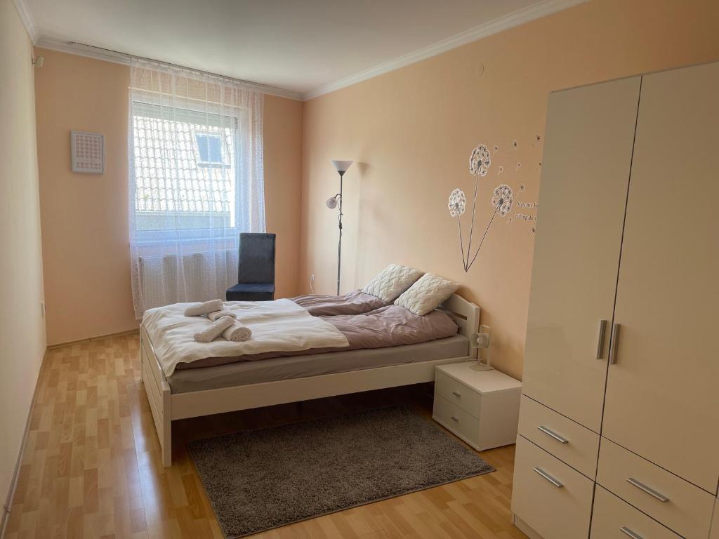 1 dormitorio con 1 cama, vestidor y ventana en Noemi Appartman Szeged, en Szeged