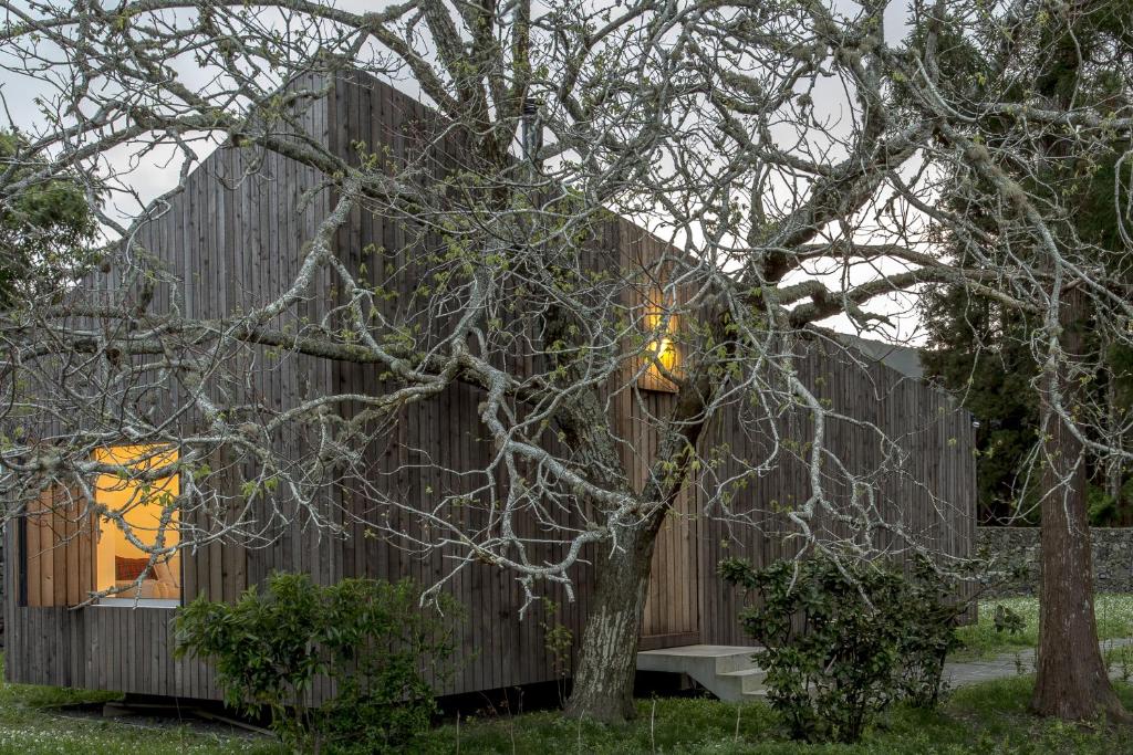 uma casa de madeira com uma árvore em frente em Sete Cidades Lake Lodge em Sete Cidades