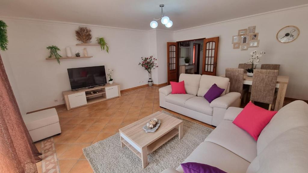 een woonkamer met twee banken en een tv bij Caravel Building in Lagos