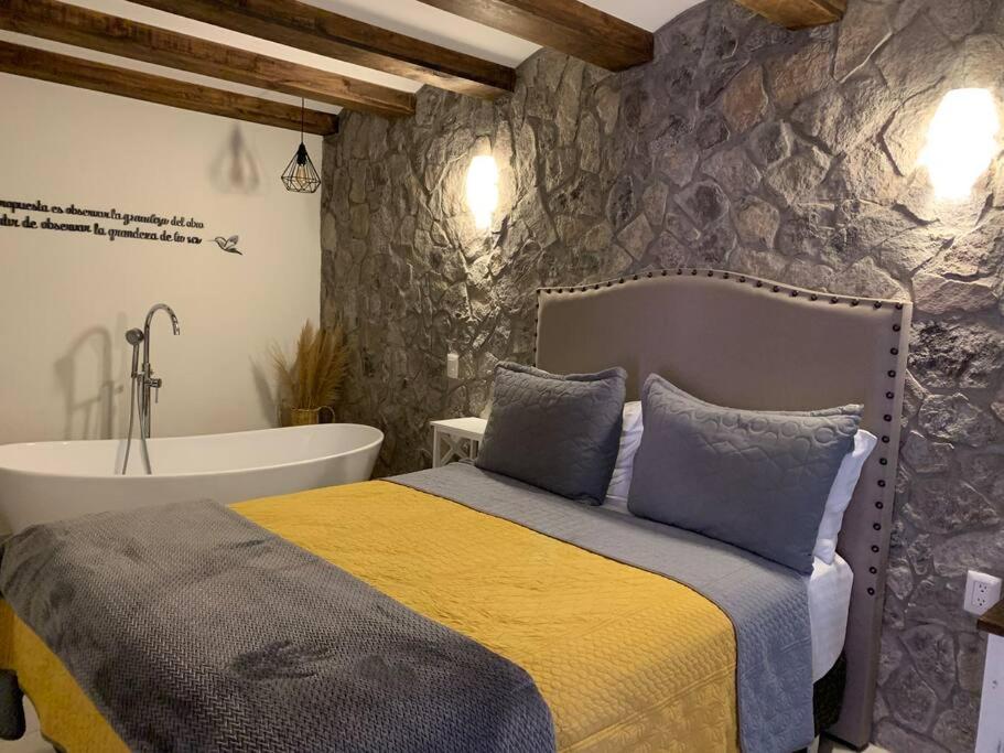 a bedroom with a bed and a bath tub at Hermoso departamento en Val’Quirico Loft Frontana in Tlaxcala de Xicohténcatl