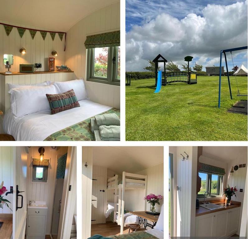 a collage of pictures of a bedroom and a backyard at The Woolly Sheep Shepherd Huts in Whitland