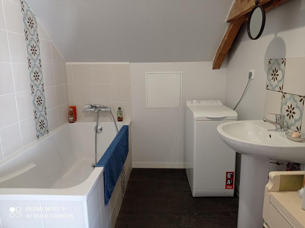 a bathroom with a bath tub and a sink at Chez Catherine in Rochefort-en-Terre