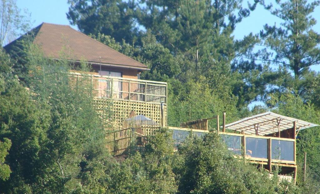 une maison sur une colline avec des arbres dans l'établissement Turismo El Recodo, cabañas y camping, à San Clemente