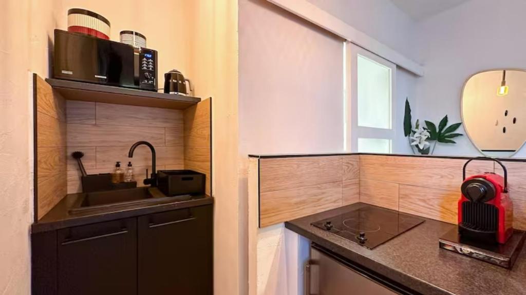 a kitchen with a sink and a counter top at Studio Casa Aelys - Quartier des Arènes - Béziers in Béziers