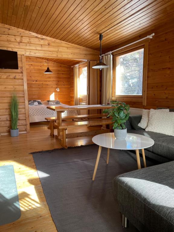 - un salon avec un canapé et une table dans l'établissement Ruka, Kelokaltiokylä, Mökki 28, à Ruka