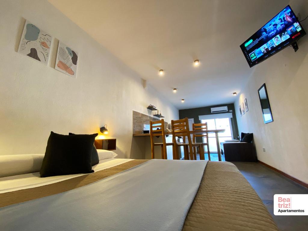 Beatriz Apartamentos - Monoambientes في جينيرال بيكو: غرفة نوم مع سرير وتلفزيون على الحائط