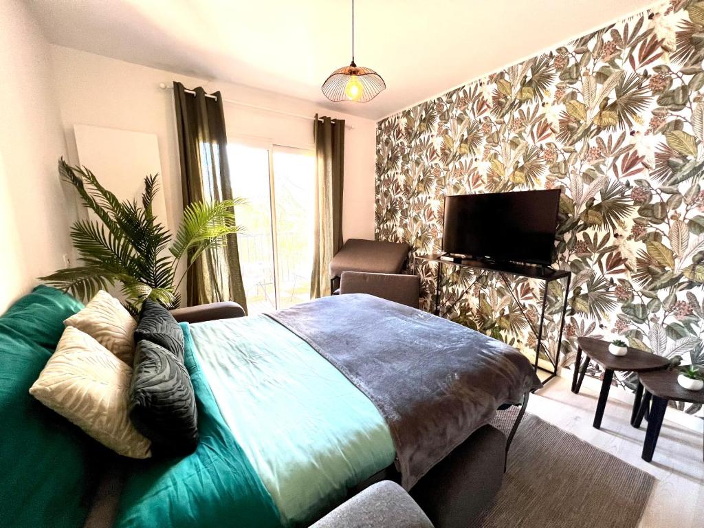 1 dormitorio con 1 cama y TV. en LE PRADO - Spacieux studio tout confort sur les hauteurs de Grasse, en Grasse