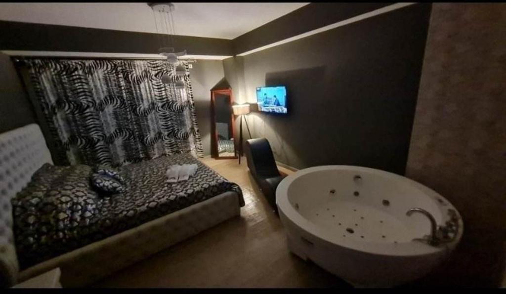 a bathroom with a tub and a bed and a television at Apartmani 2 SS with jacuzzi bath in Ohrid