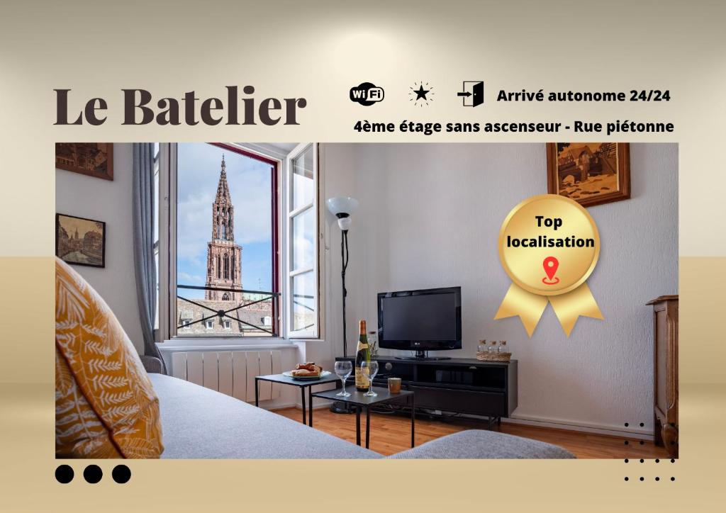 Cartel de una habitación con cama y TV en Le Batelier - Golden Tree - Centre historique - WIFI en Estrasburgo