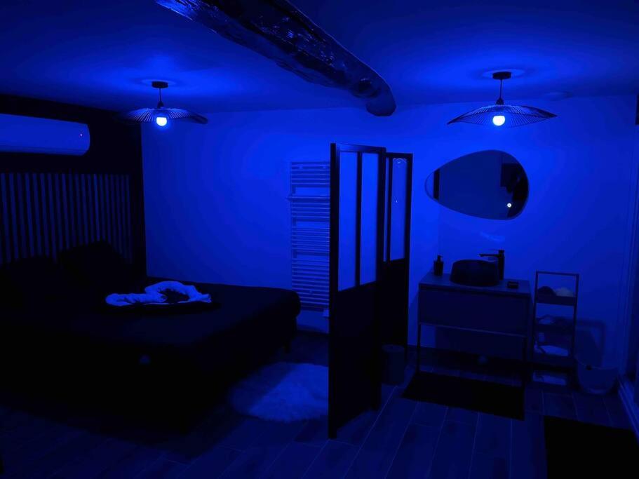 um quarto azul com uma cama e luzes em L’insolite airbnb em Vignieu