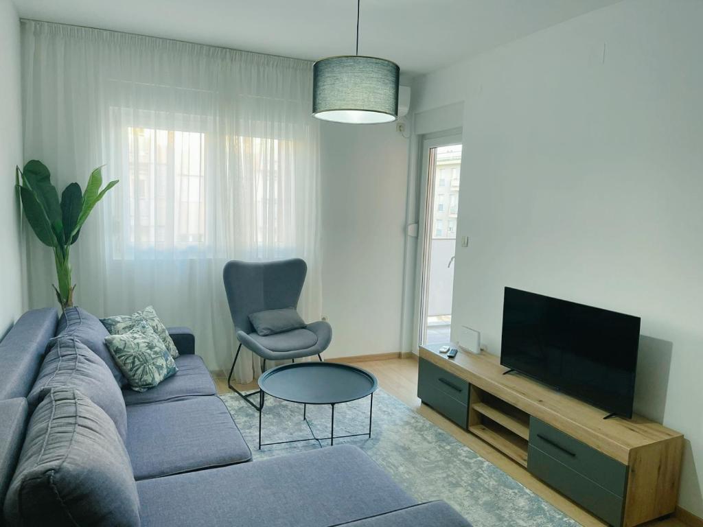 een woonkamer met een bank en een tv bij Vista City Apartment in Podgorica