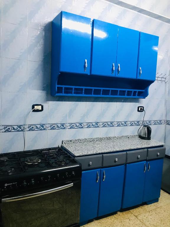 a blue kitchen with a stove and blue cabinets at Gamal Robob Nubian Guest House in Aswan