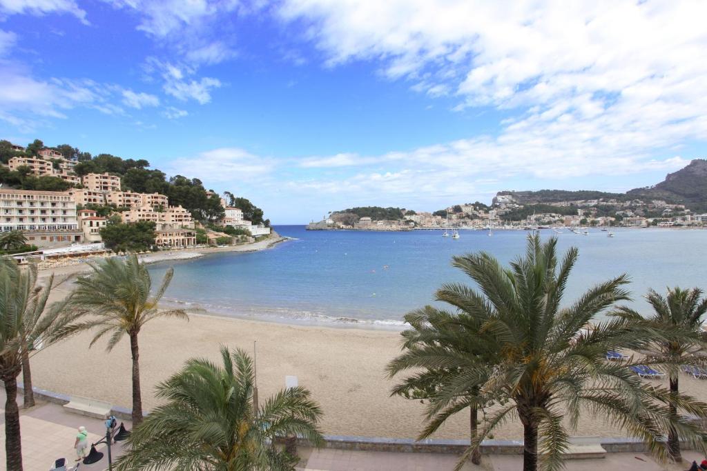 a beach with palm trees and palm trees at Los Geranios in Port de Soller