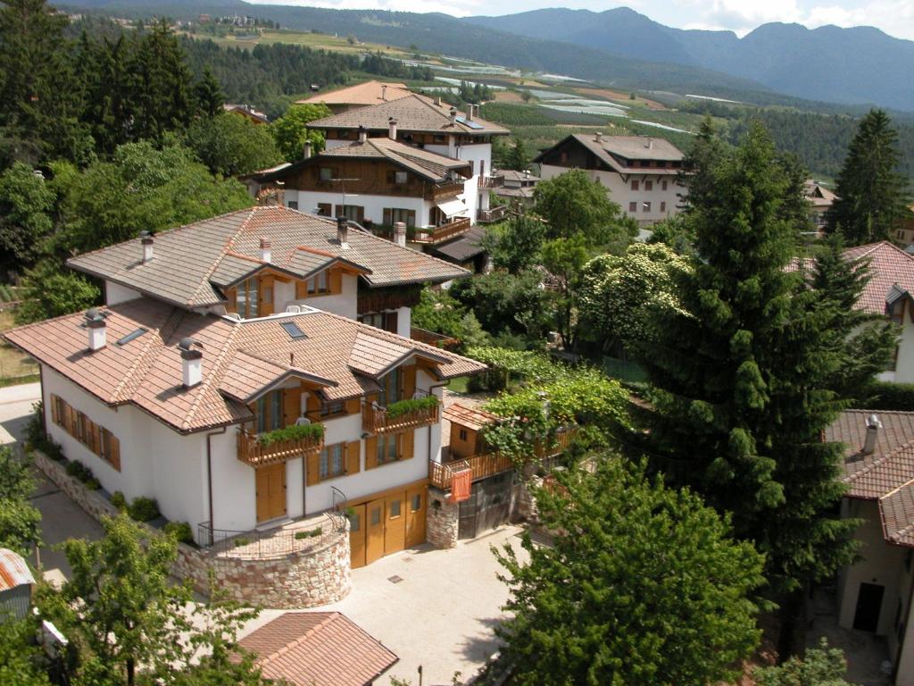 a village in the mountains with houses and trees at Agritur Widmann in Coredo