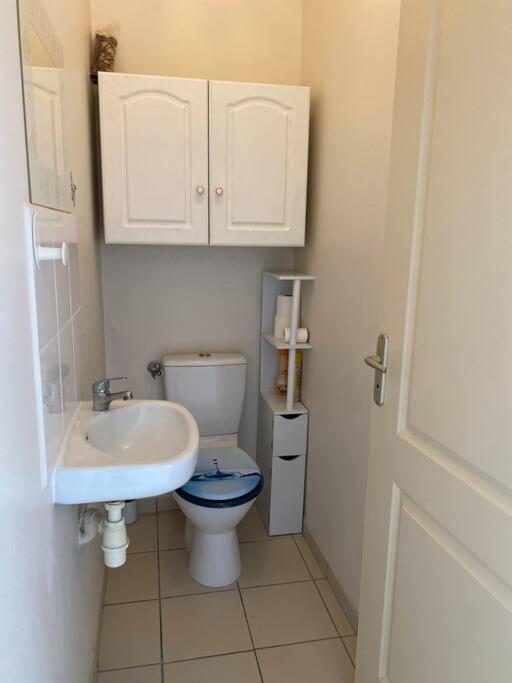 a small bathroom with a toilet and a sink at Maison Agréable Familiale in Saint-François