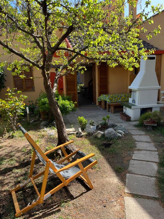 einen Stuhl neben einem Baum vor einem Haus in der Unterkunft La Buganvilla in Sirolo