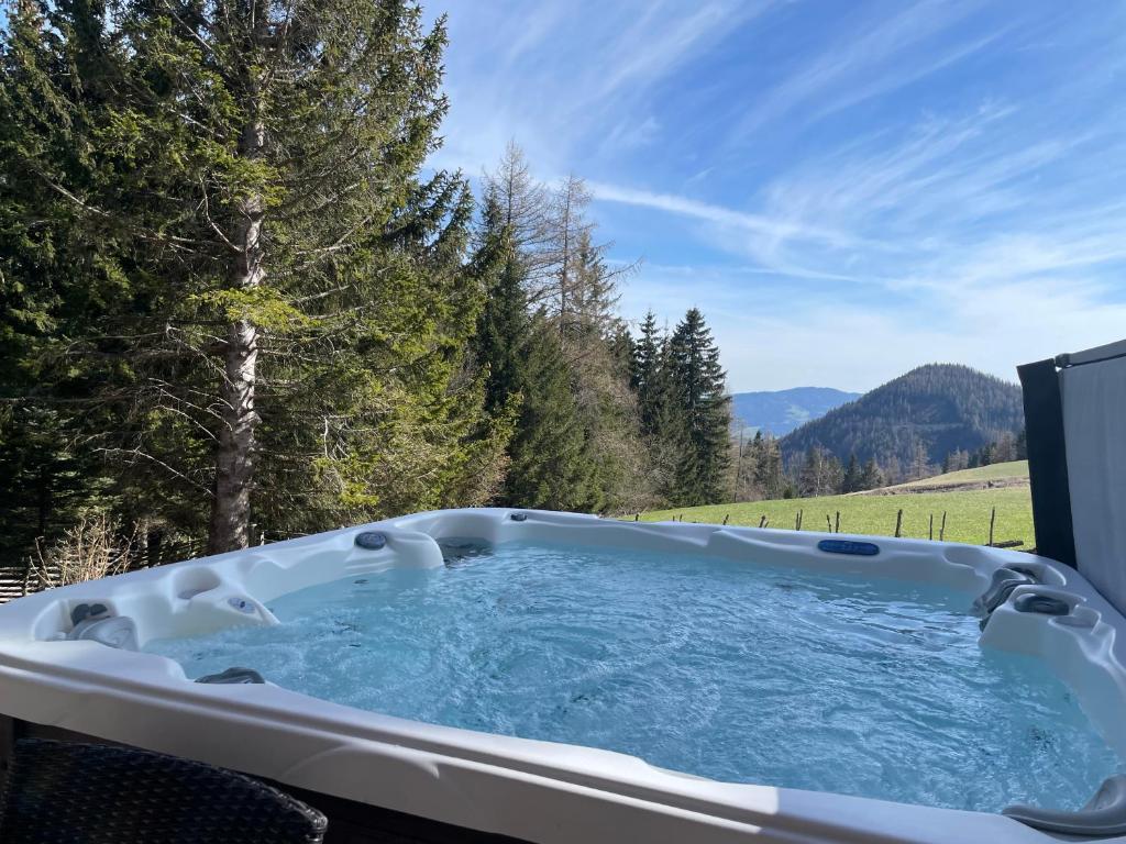 uma banheira de hidromassagem com vista para um campo em Teichalm Lodge Landhaus em Fladnitz an der Teichalm