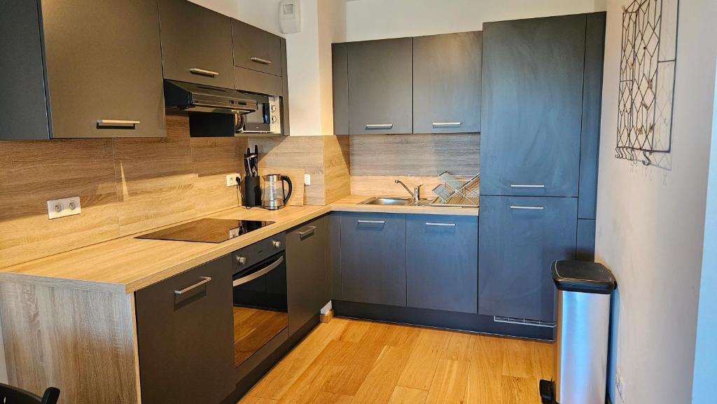 a kitchen with blue cabinets and a wooden floor at Arbre Blanc, une folie montpelliéraine in Montpellier