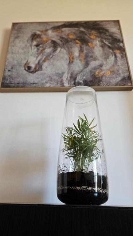 a glass vase with a plant in it on a table at Arbre Blanc, une folie montpelliéraine in Montpellier