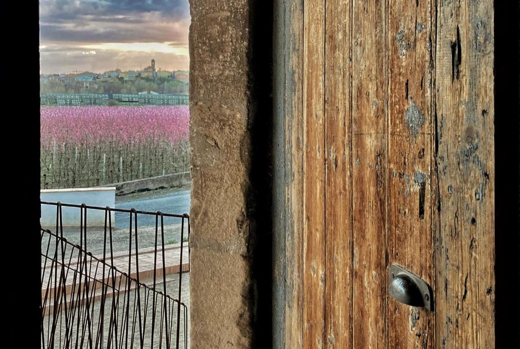 eine Holztür mit Blick auf ein Feld mit rosa Blumen in der Unterkunft Les Cases del Moliner in Corbíns