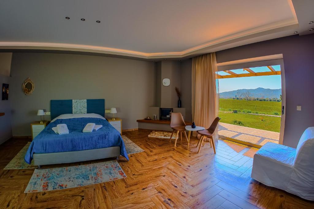 Iráklia的住宿－Atrium Vinea Brintziki Winery，一间卧室设有一张床和一个大窗户