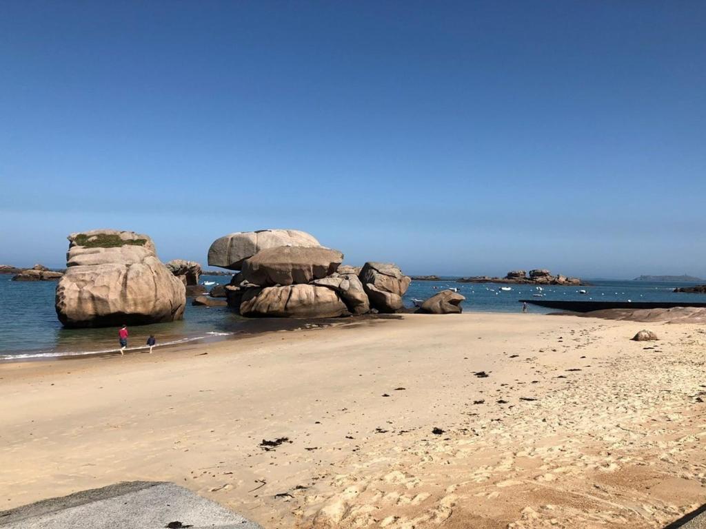 une plage avec de grands rochers dans l'eau dans l'établissement Appartement 3* face mer avec wifi, plage à 50m - Trégastel - FR-1-368-123, à Trégastel
