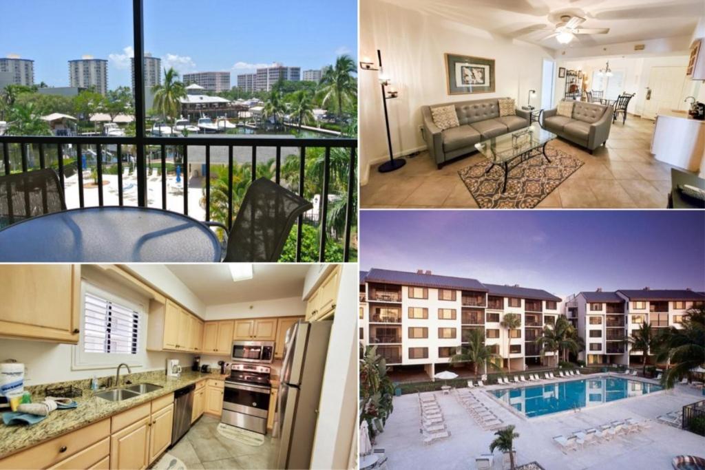 a collage of four pictures of a apartment at Freds Santa Maria Harbour Resort Condo in Fort Myers Beach