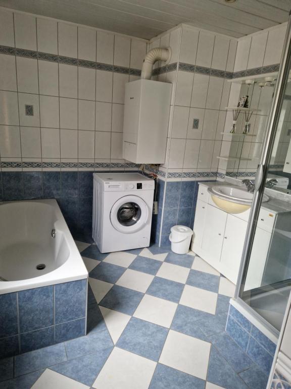 ein Badezimmer mit einer Waschmaschine und einem Waschbecken in der Unterkunft DRKARLRENNER in Guntramsdorf