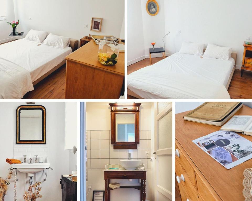 four pictures of a room with two beds and a sink at LA MAISON d'HORTENSE, maison de charme et de caractère in Toulouse