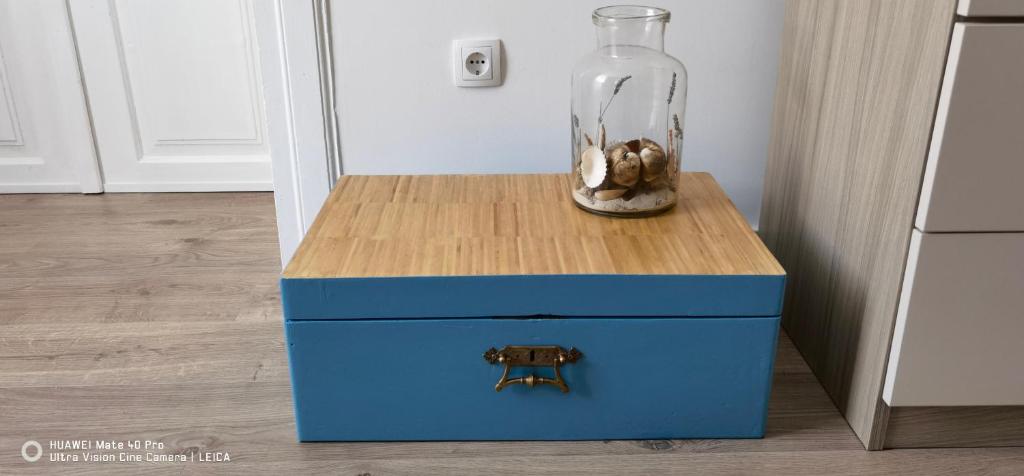 a blue chest with a vase on top of it at Guesthouse Palma in Mali Lošinj