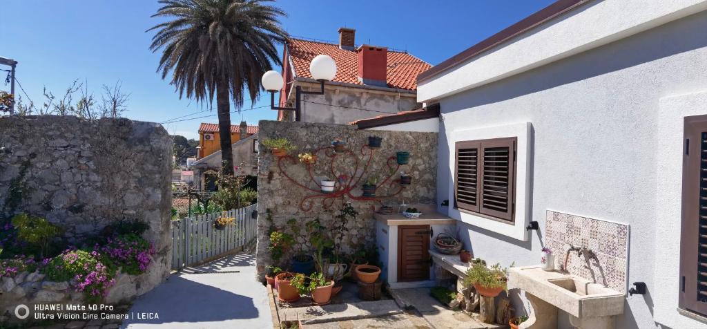 a white house with potted plants and a palm tree at Guesthouse Palma in Mali Lošinj