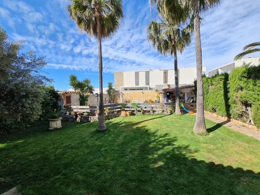 a green yard with palm trees and a building at VILLA CARMEN in Alcossebre