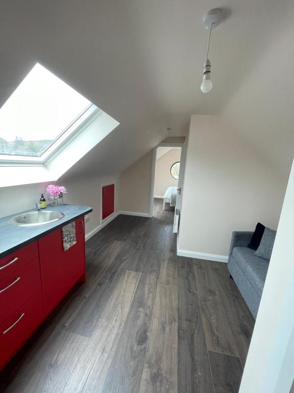 a kitchen and living room with a skylight at Shindilla Cottage Air B&B in Galway