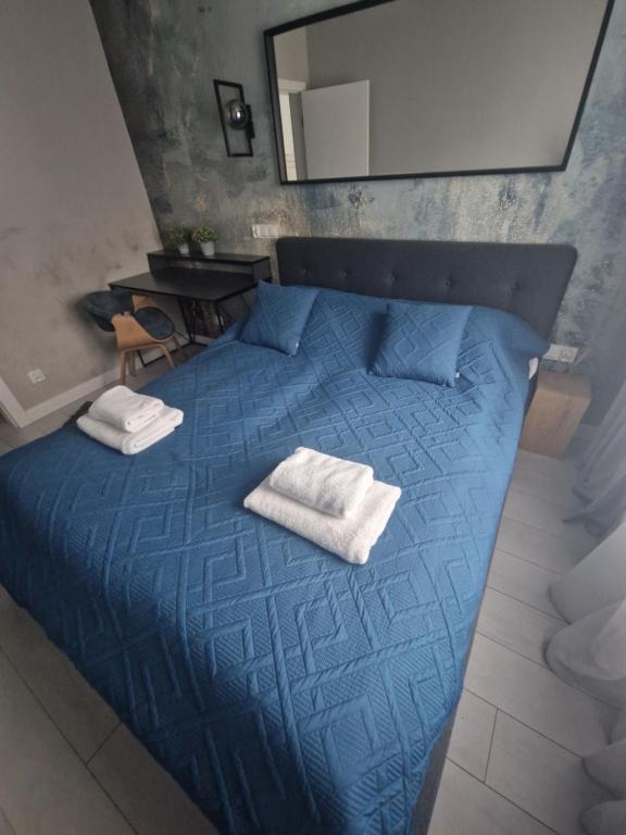 格但斯克的住宿－M&K Apartamenty - Bałtyk，一间卧室配有蓝色的床和毛巾