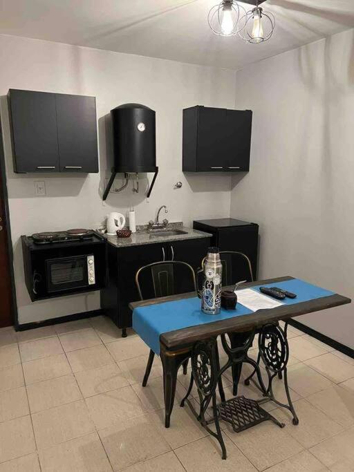 a kitchen with a table and a sink and a microwave at Mono corrientes in Santa Fe