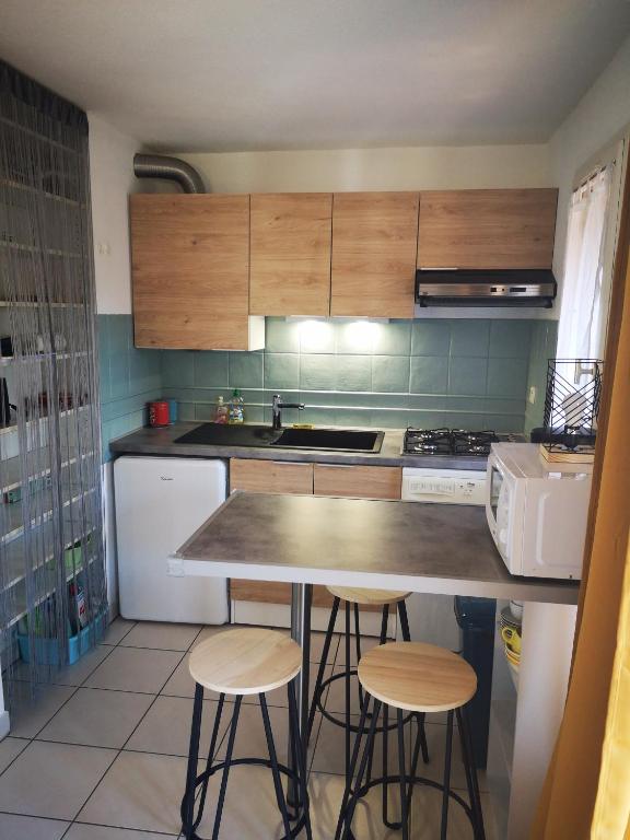 Kuchyňa alebo kuchynka v ubytovaní Apt t2/4 pers/ rez de jardin\pinède\piscine